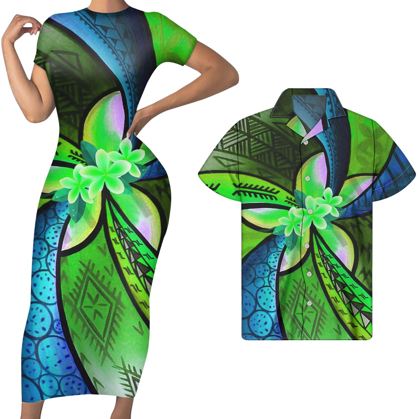 Colorful Polynesian Tribal Plumeria Flower Print Short Sleeve Bodycon Dress Women Match Men Shirts Custom Green Couple Clothing Set