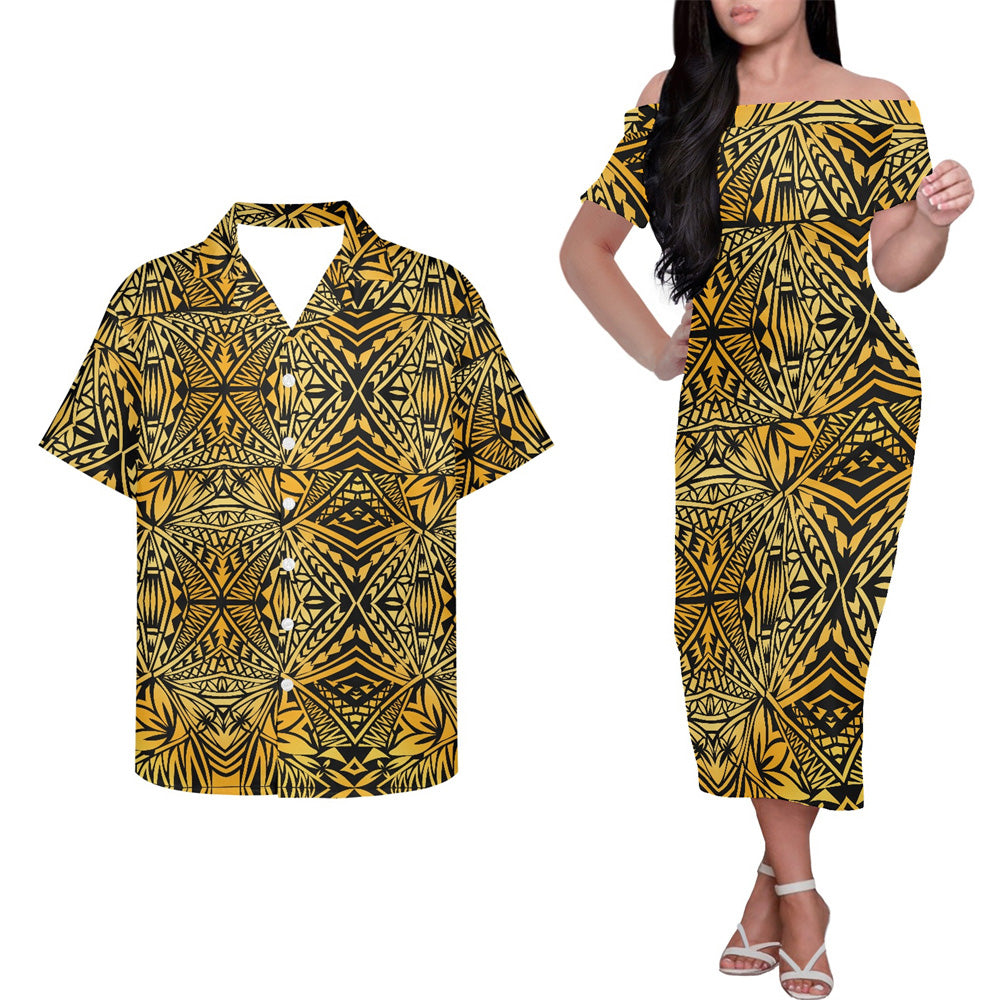 Polynesian Tribal Pattern Yellow Couple Outfits Island Hung Short Sleeved Dress And Hawaiian Shirt Couple Set