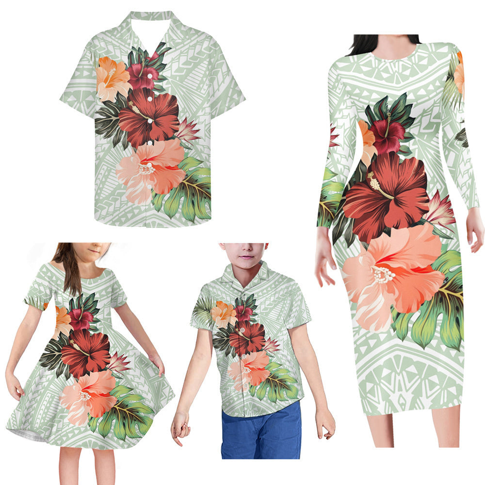 Polynesian Tribal Pattern Matching Family Outfits Flowers Island Bodycon Long Sleeve Dress And Shirt Family Members