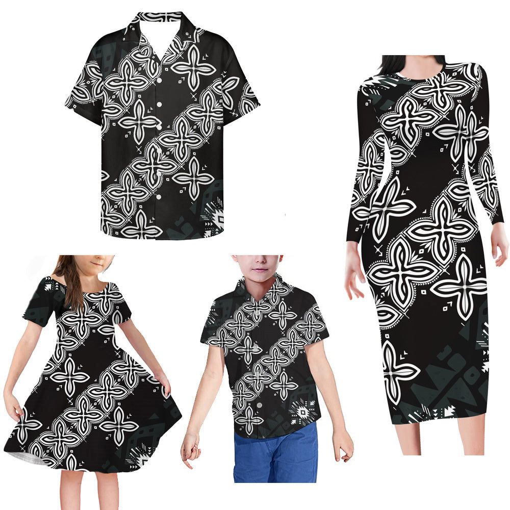 Polynesian Tribal Pattern Matching Family Outfits Black Island Bodycon Long Sleeve Dress For Her And Shirt For Him Girl Dress Kids