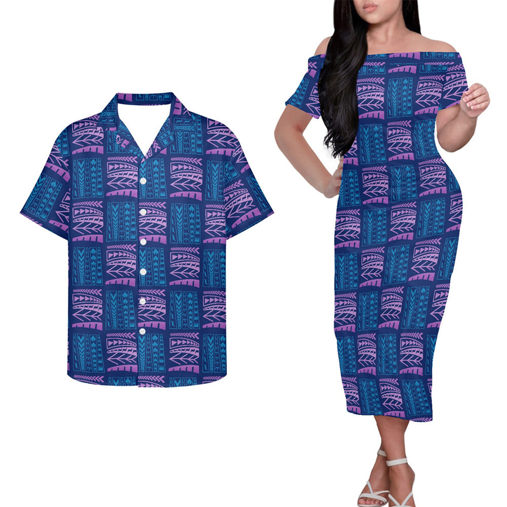 Polynesian Tribal Clothing Geometric Pattern Couple Outfits Pacific Island Blue Hung Short Sleeved Dress And Hawaiian Shirt
