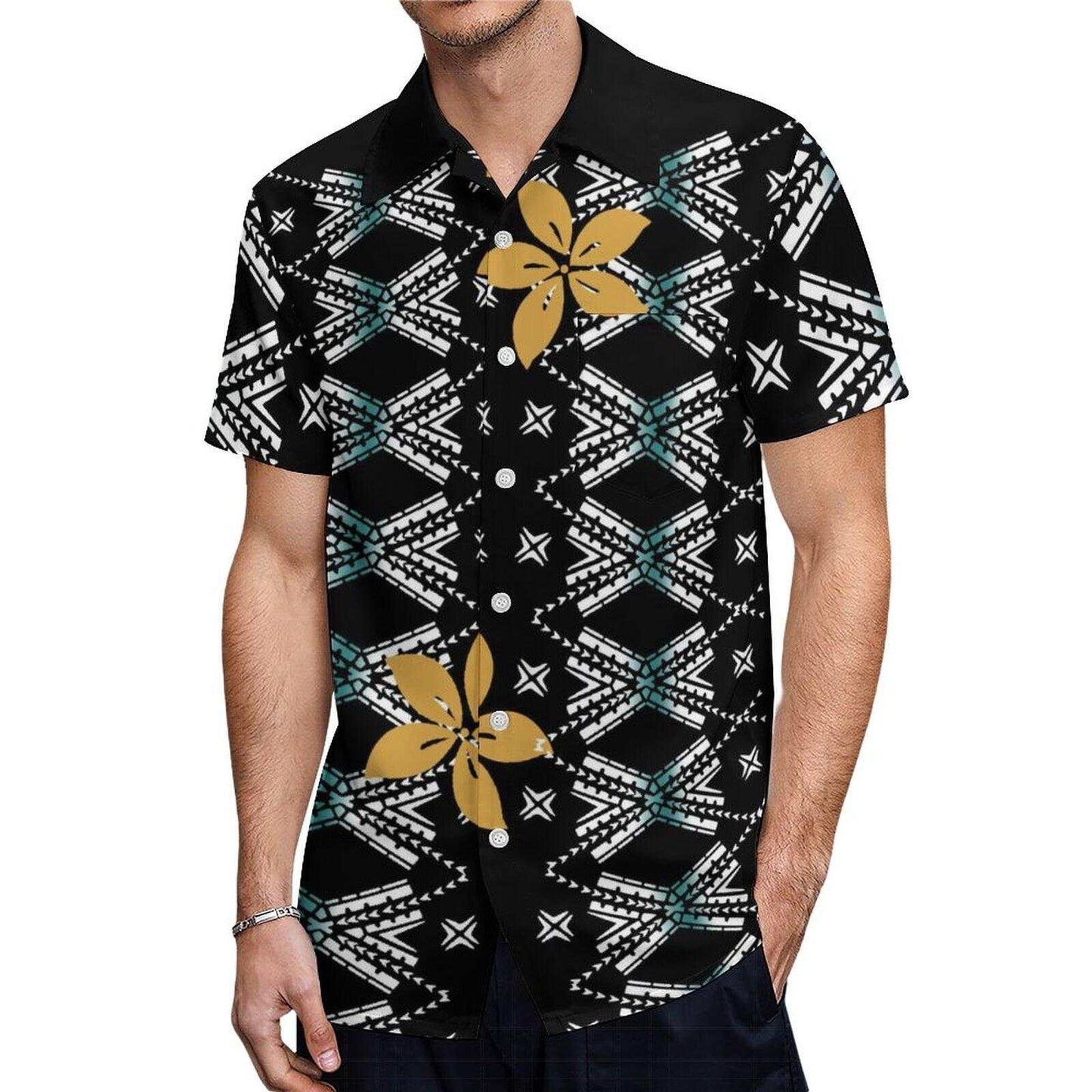 Vintage Polynesian Samoa Tribal Flowers Pattern Printed Short Sleeve Shirt Polynesian Summer Black Hawaiian Shirt