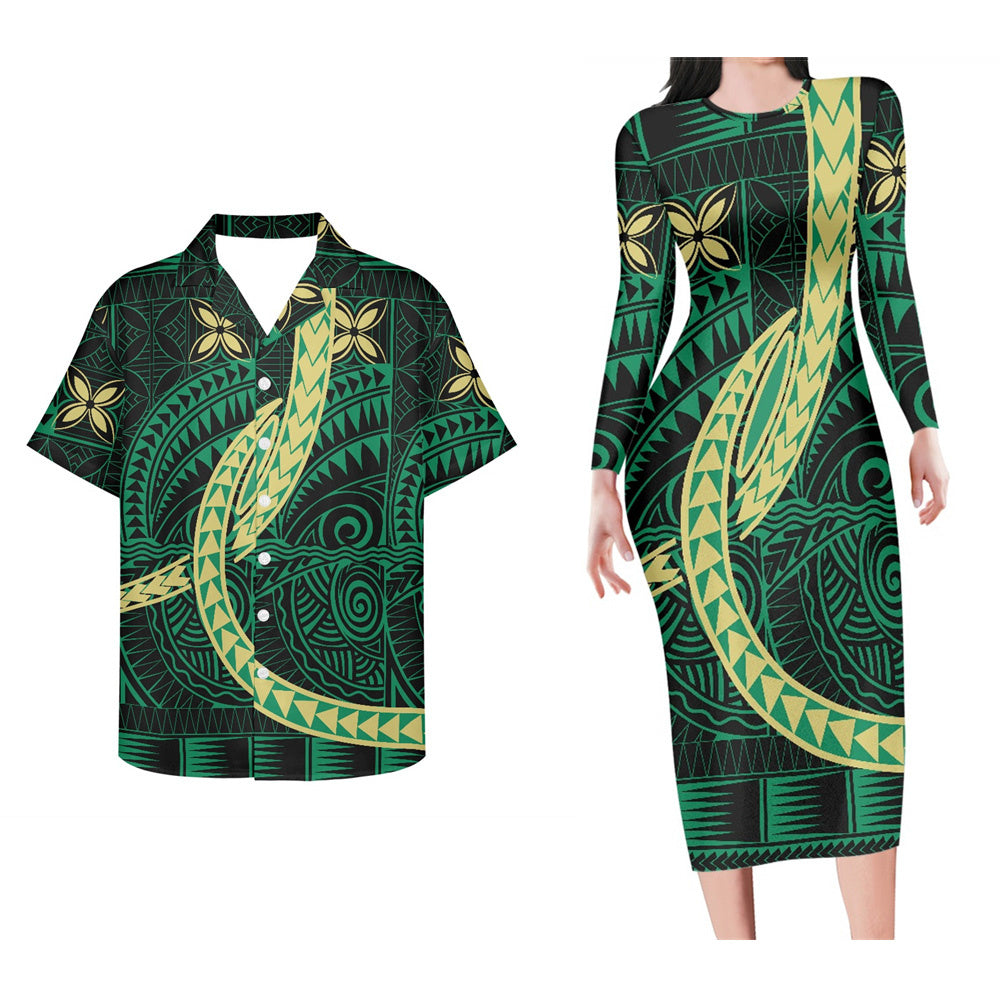 Polynesian Tribal Pattern Matching Outfit For Couple Bodycon Dress And Hawaii Shirt Island Outfit Set For Her Him Curve Style