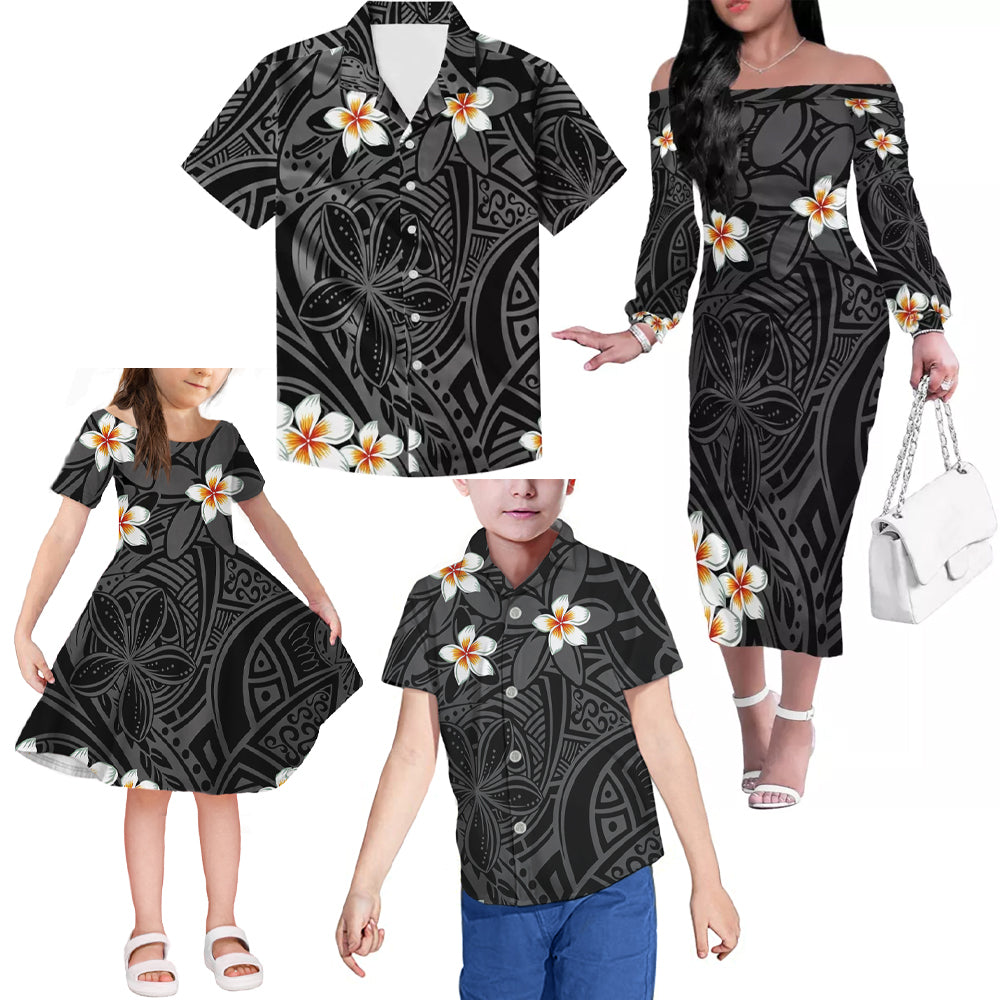 Polynesian Tribal Flowers Pattern Matching Outfit For Family Tropical Black Dress Hawaiian Shirt Family Members