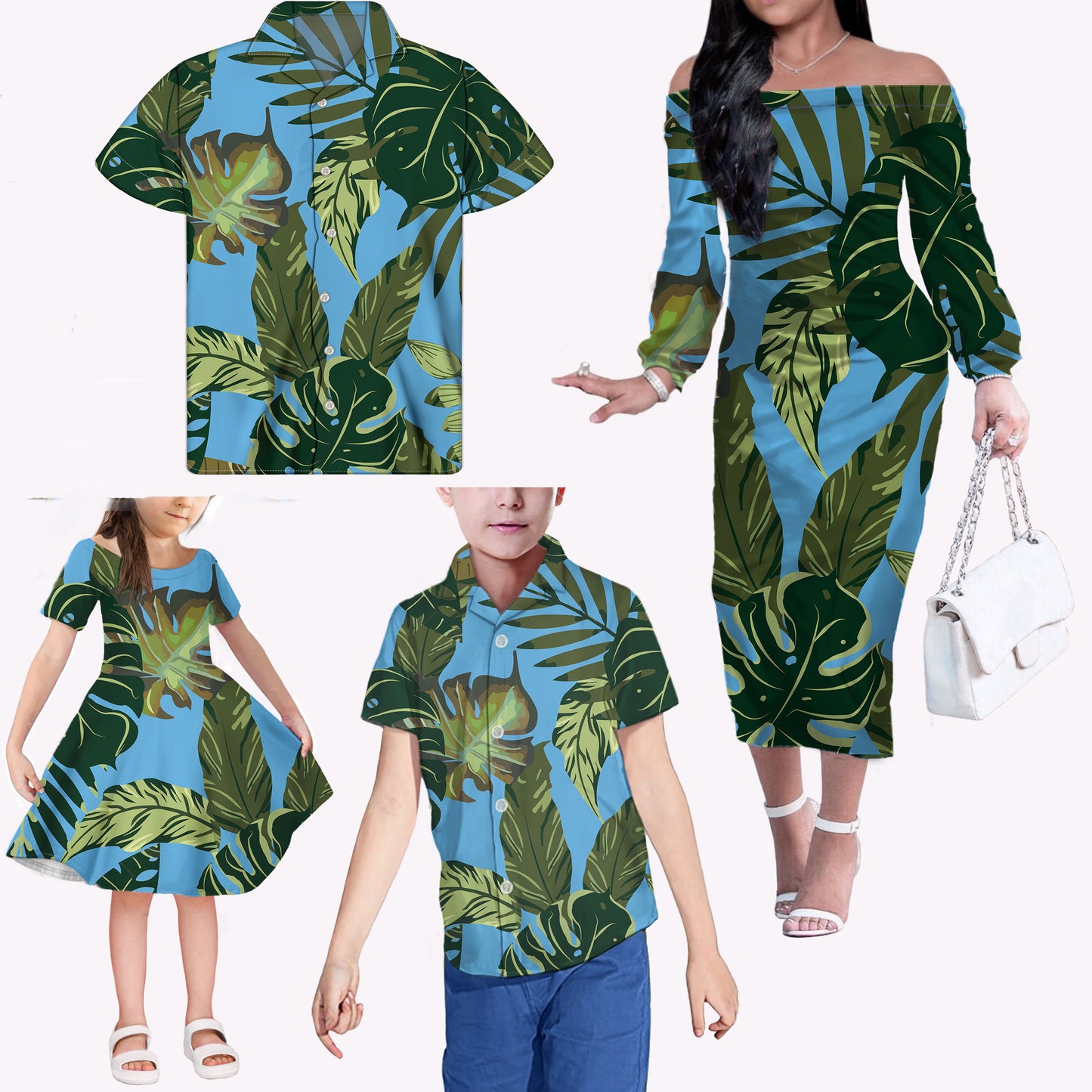 Tropical Leaf Pattern Dresses Women Long Sleeves Hawaii Dress and Shirts Summer Matching Outfit for Family Matching Clothes