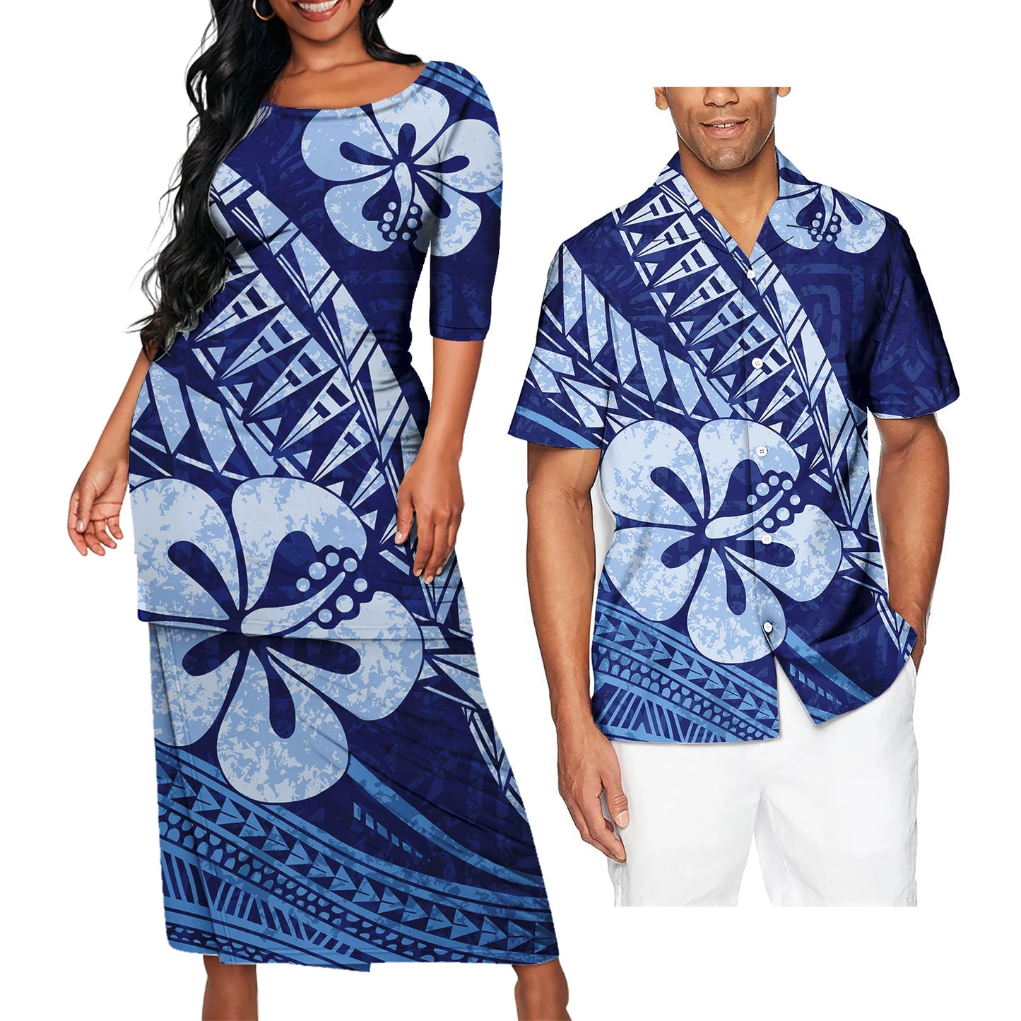 Polynesian Tribe Flower Pattern Outfit For Couple Blue Puletasi Dress For Her And Printed Hawaiian Shirt