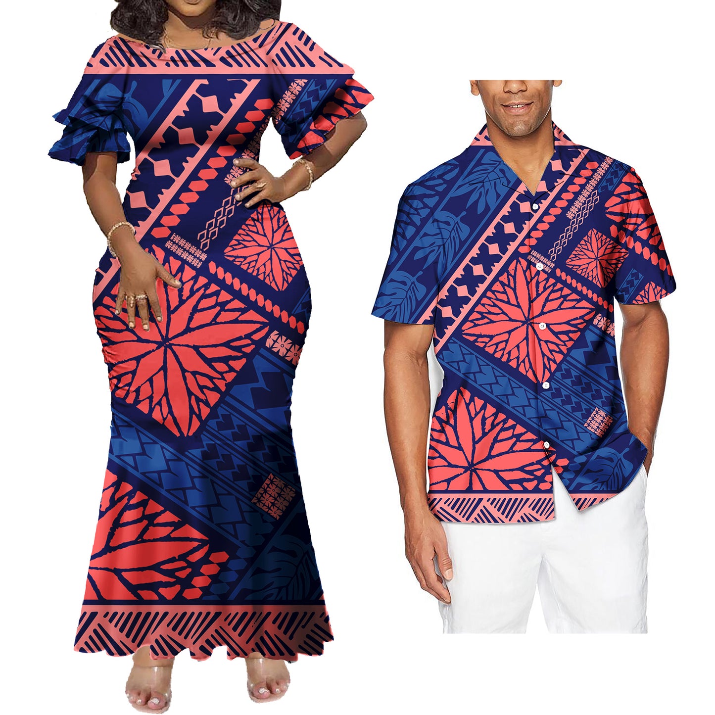 Mermaid Bodycon Dresses and Hawaiian Shirt Polynesian Geometric Pattern Matching Outfit