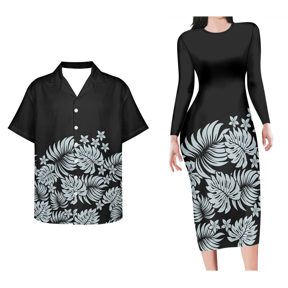 Black Polynesian Tribal Palm Leaf Pattern Couple Set For Her Him Bodycon Dress And Hawaii Shirt Island Matching Outfit For Couple