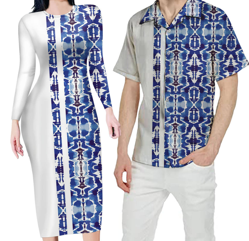Blue And White Matching Outfit For Couples Hawaii Polynesian Tribal Bodycon Dress And Hawaii Shirt