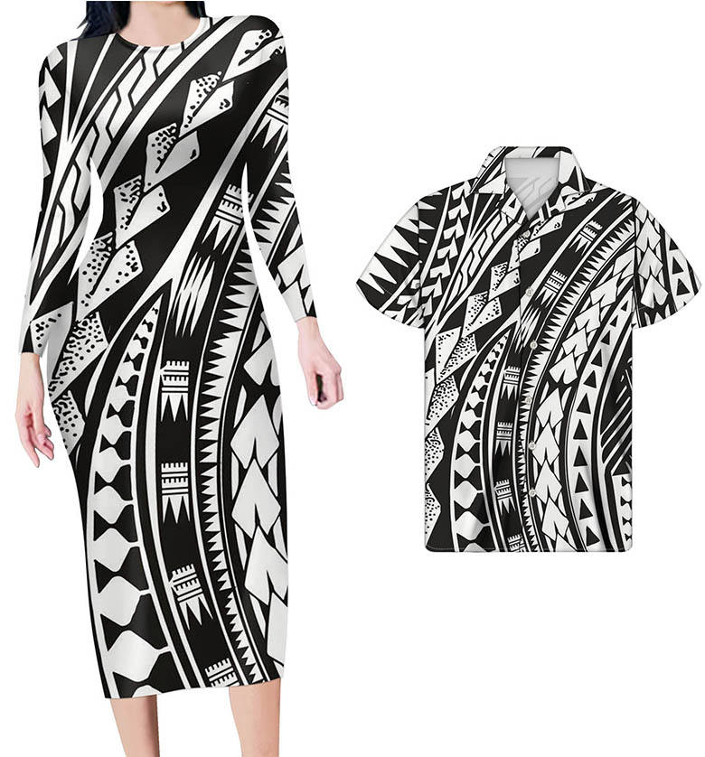 Hawaiian Attire For Couples Polynesian Tribal White Black Bodycon Dress And Summer Hawaii Shirt