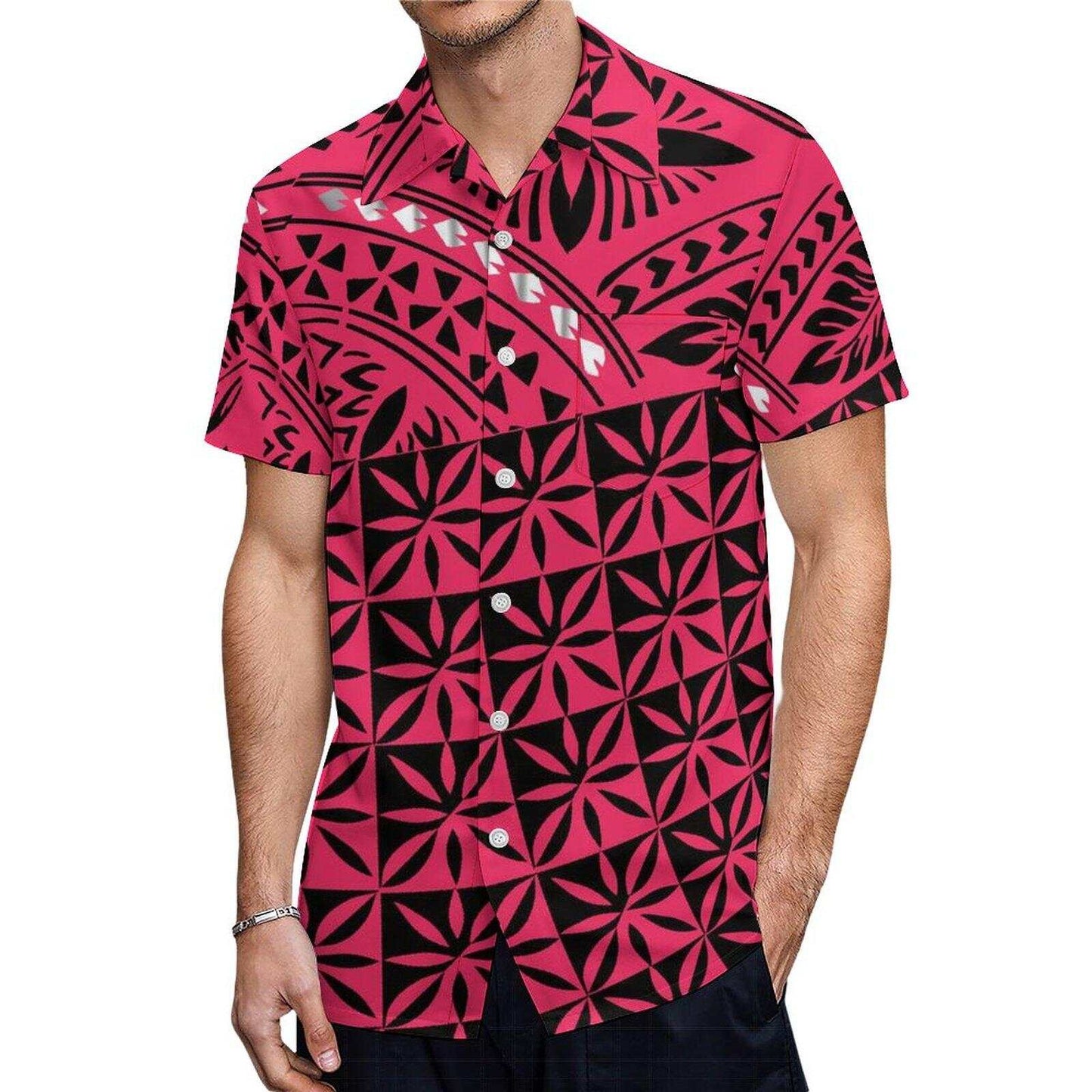 Polynesian Samoa Tribal Printed Short Sleeve Shirt Polynesian Geometric Pattern Pink Hawaiian Shirt