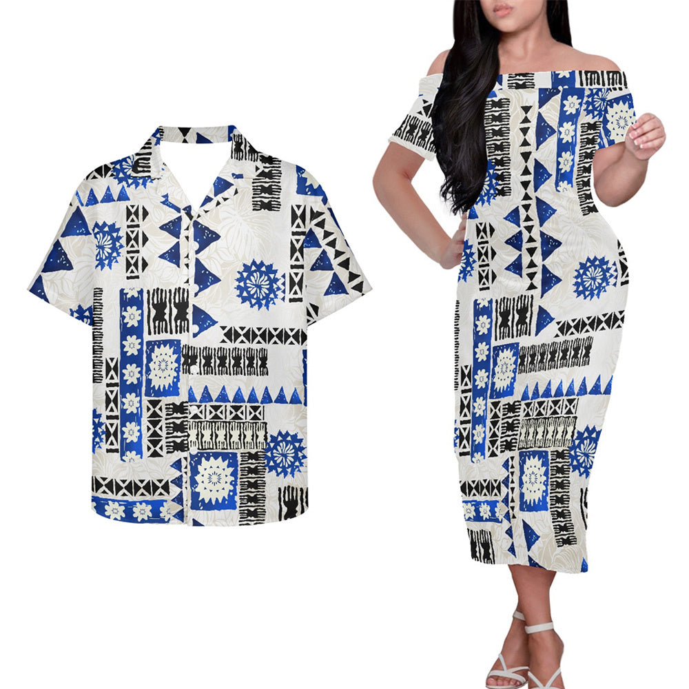 Polynesian Tribal Clothing Couple Outfits Pacific Island Patterns White Hung Short Sleeved Dress And Hawaiian Shirt