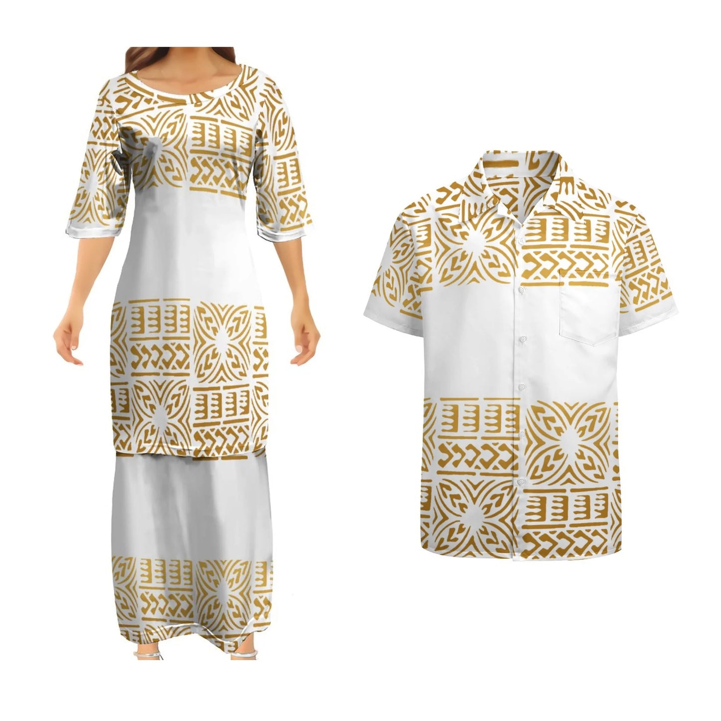 Yellow Polynesian Pattern Matching Outfit For Couple Clothes Samoan Puletasi and Mens Shirts