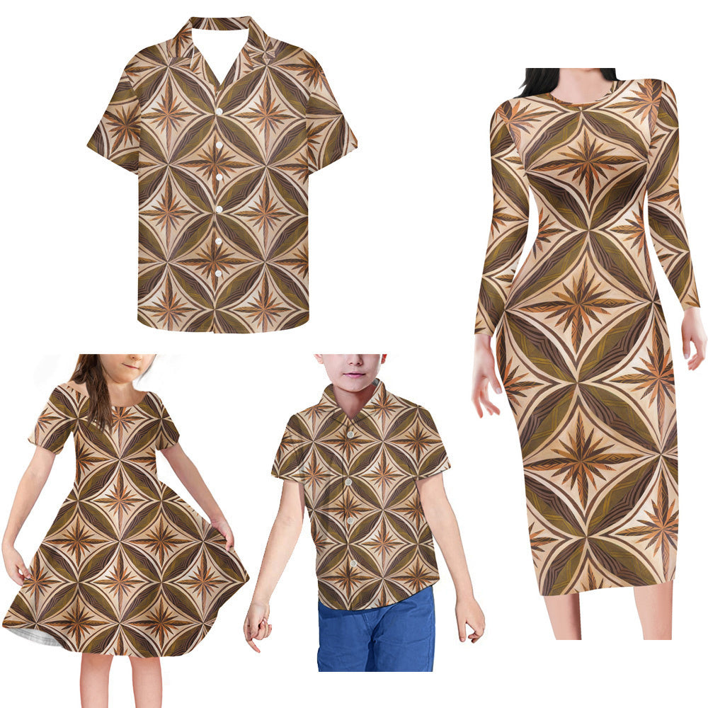 Vintage Geometric Polynesian Tribal Pattern Matching Family Outfits Bodycon Long Sleeve Dress For Her And Shirt For Him Girl Dress Kids