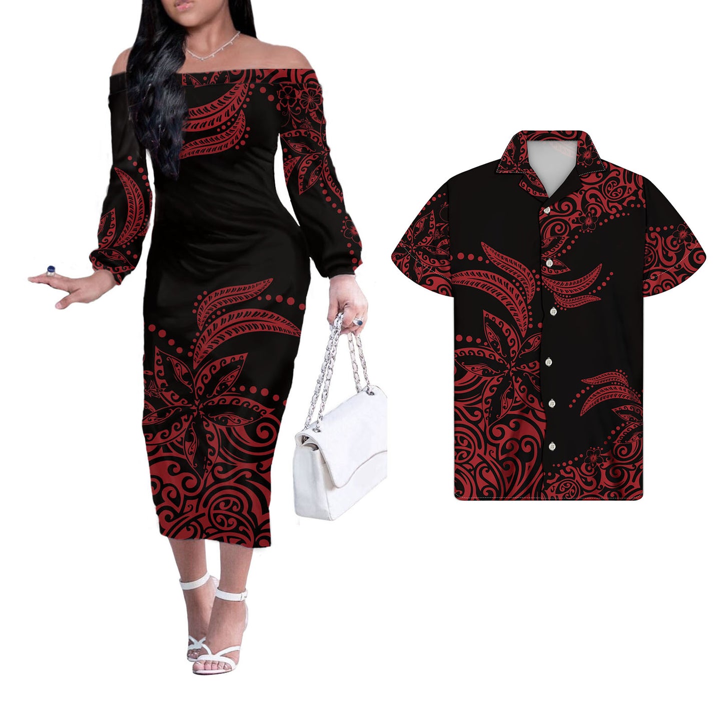 Polynesian Tribal Flowers Tropical Pattern Red Couple Matching Outfits Men Shirts and Dress Off Shoulder Long Dresses for Women