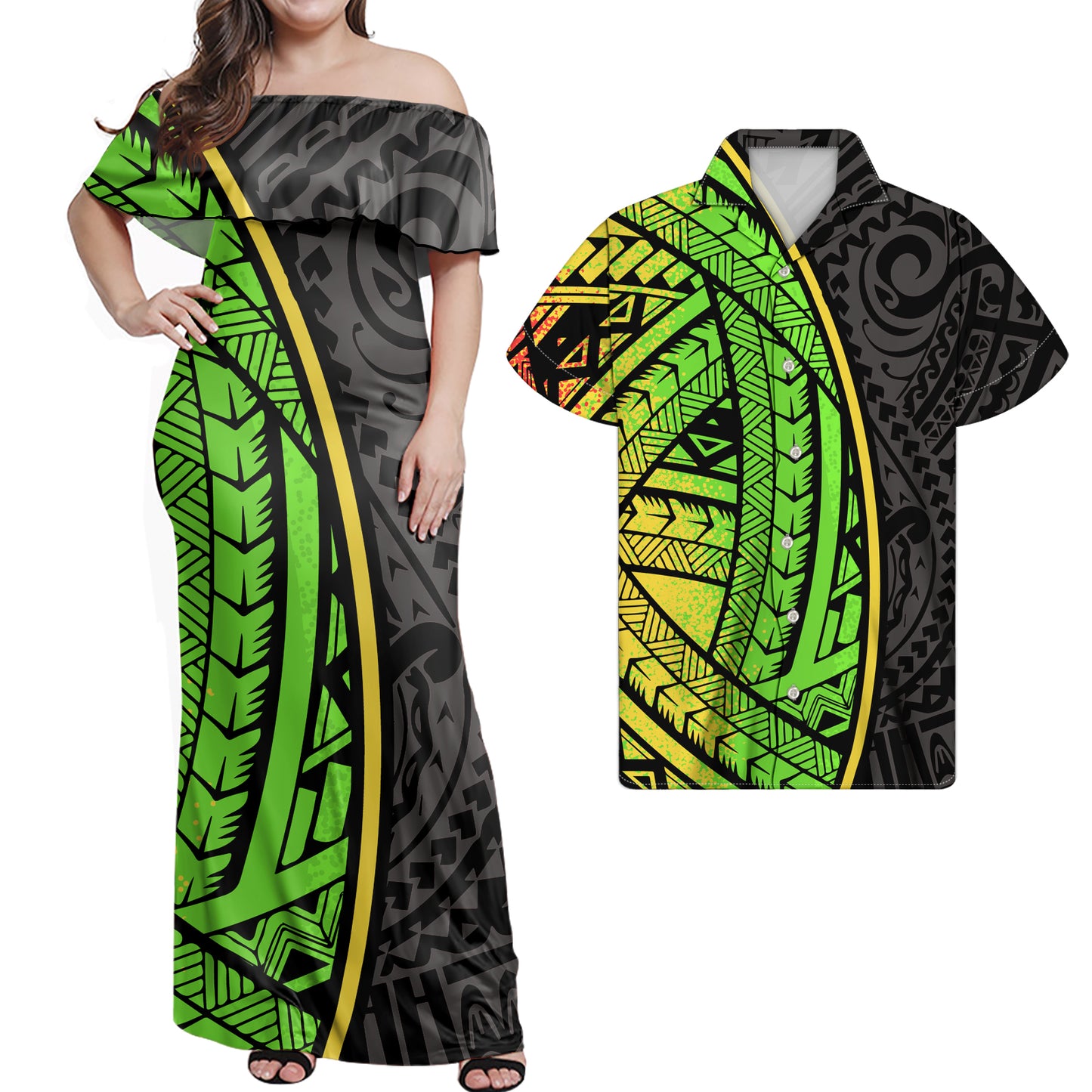 Polynesian Tribal Pattern Green Combo Dress and Hawaiian Shirt Matching Couples Outfit For Him Her