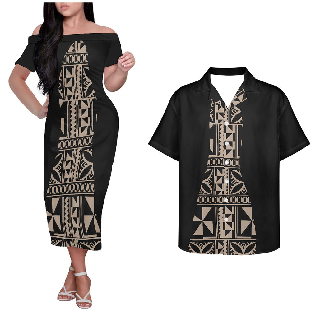 Polynesian Samoan Island Tribal Geometric Pattern Couple Outfits Tropical Hung Short Sleeved Dress And Hawaiian Shirt Couple Set
