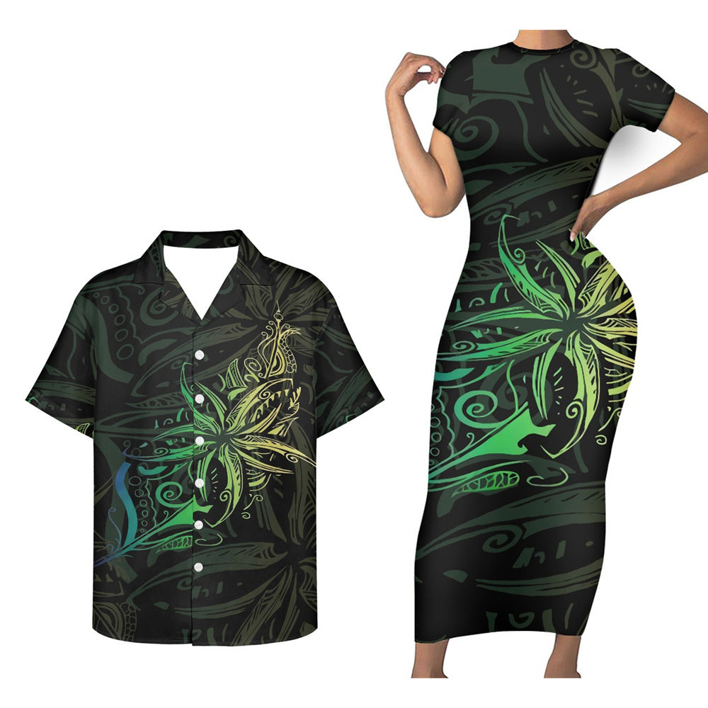 Polynesian Tribal Island Leaf Green Pattern Matching Outfit For Couple Polynesian Tight Short Sleeve Dress And Hawaiian Shirt Couple Set