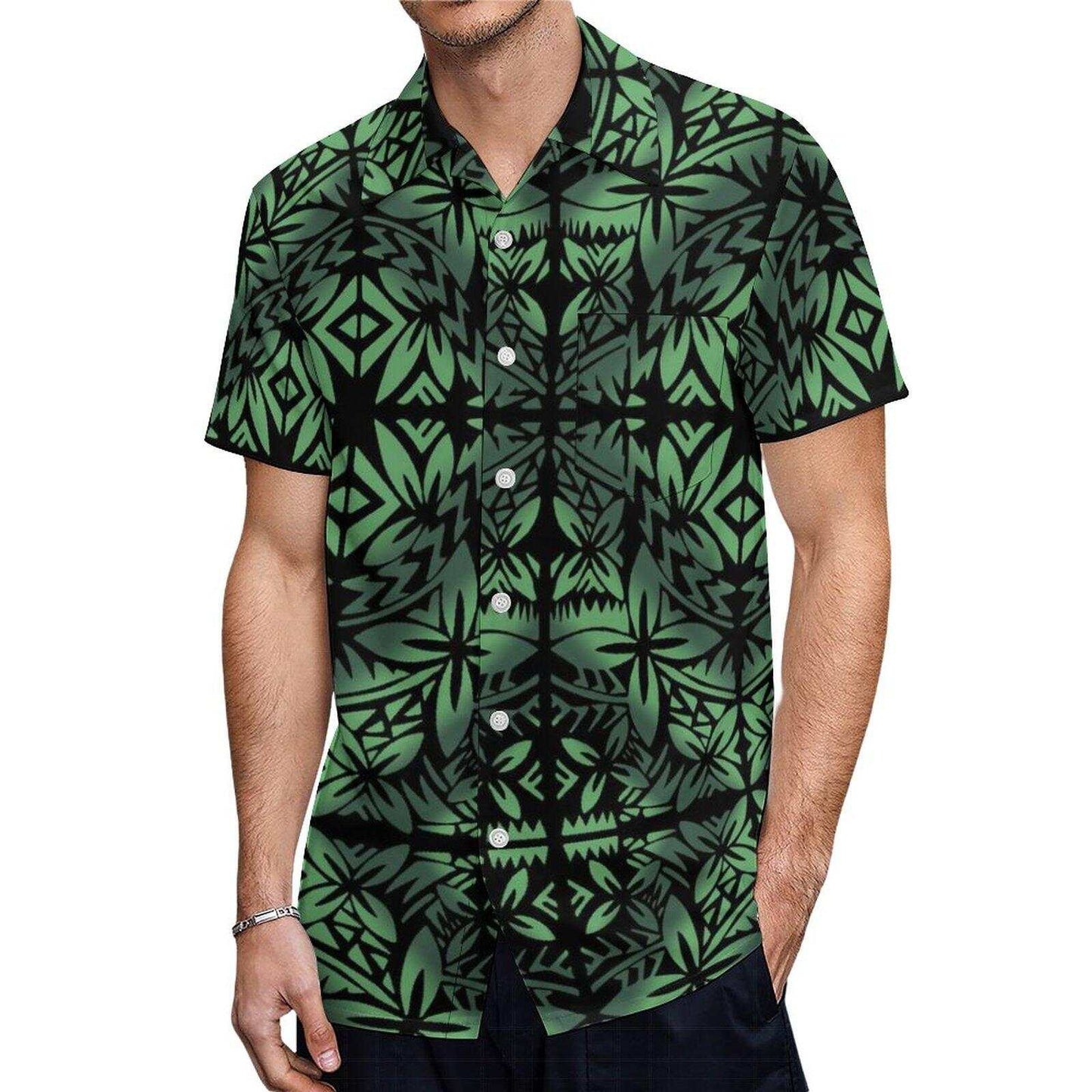 Polynesian Samoa Tribal Geometric Pattern Printed Short Sleeve Shirt Polynesian Green Hawaiian Shirt
