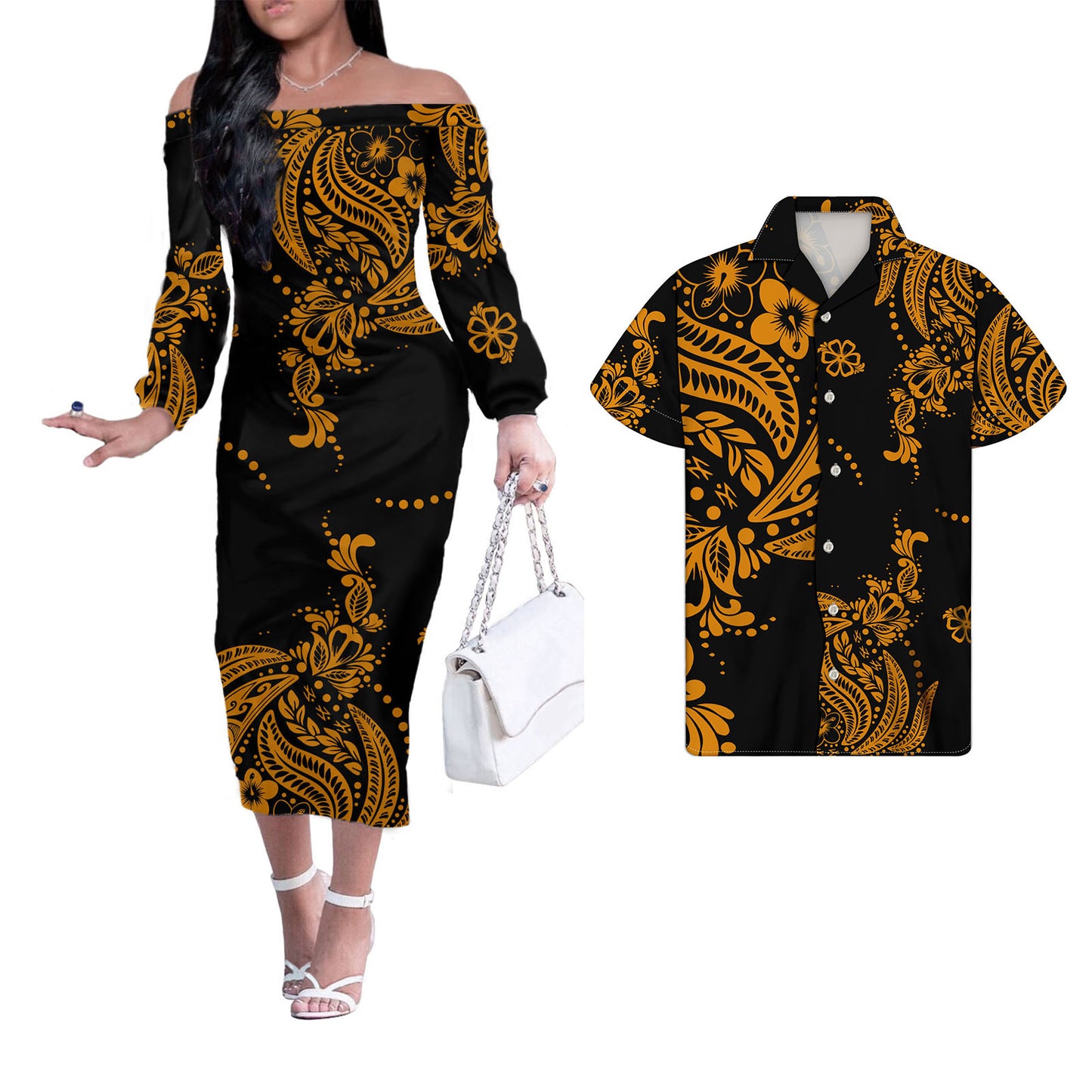 Polynesian Tribal Pattern Black Couple Matching Outfits Men Shirts and Dress Off Shoulder Long Dresses for Women