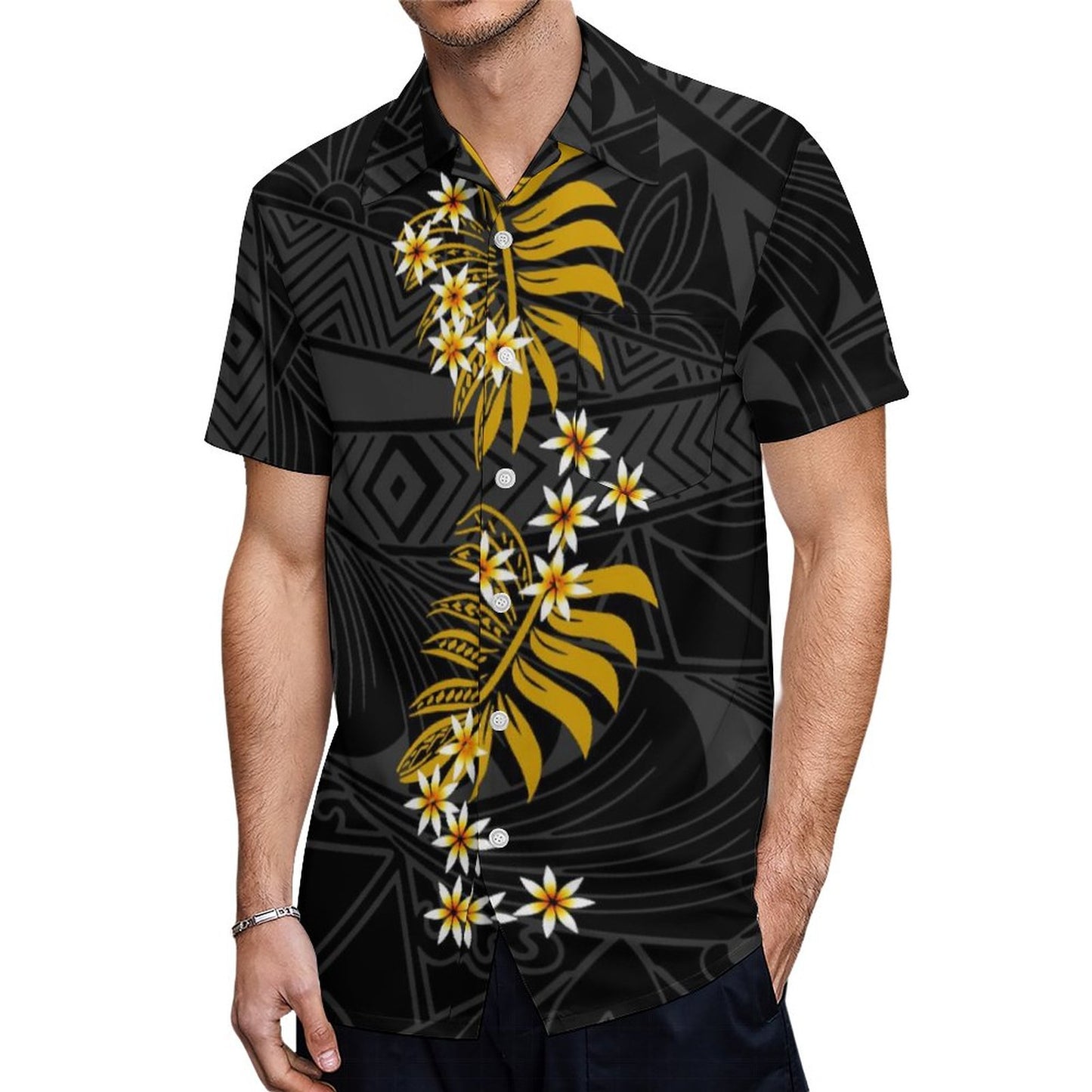 Samoa Tropical Flowers Leaf Island Polynesian Tribal Pattern Hawaiian Shirt Summer Black Short Sleeve Shirt For Him