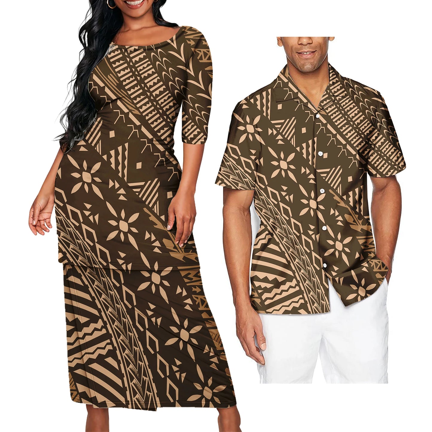 Polynesian Tribal Pattern Printed Brown Clothing Set Samoan Polynesian Tribal Matching Couple Outfit For Him Her Curve Style