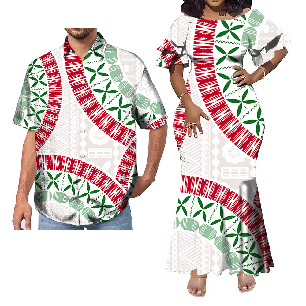 Polynesian Tribal Geometric Pattern Samoa White Fishtail Skirt Dress And Shirt Couple Set Outfit