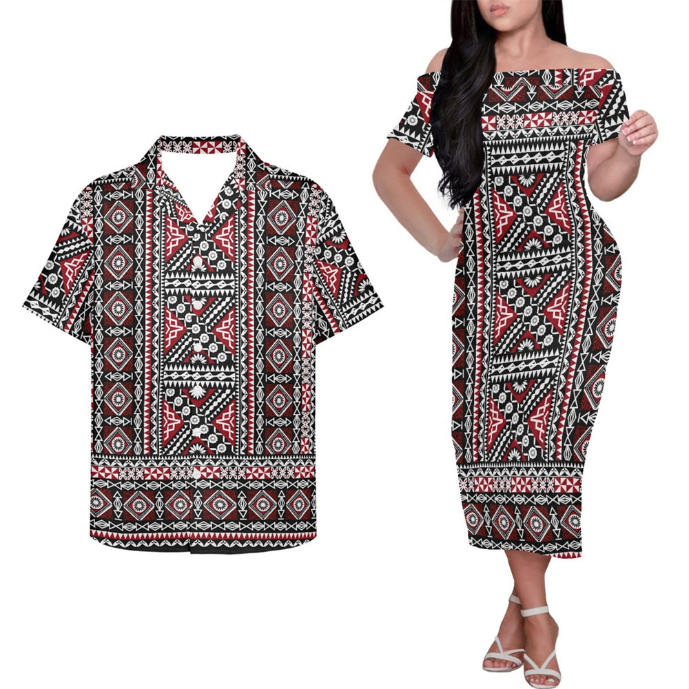 Polynesian Island Tribal Pattern Couple Outfits Island Hung Short Sleeved Dress And Hawaiian Shirt Party Outfit Set