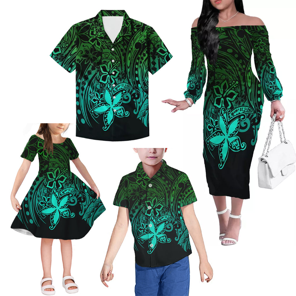 Green Polynesian Tribal Flowers Pattern Matching Outfit For Family Island Dress Hawaiian Shirt For Her Him Family Members