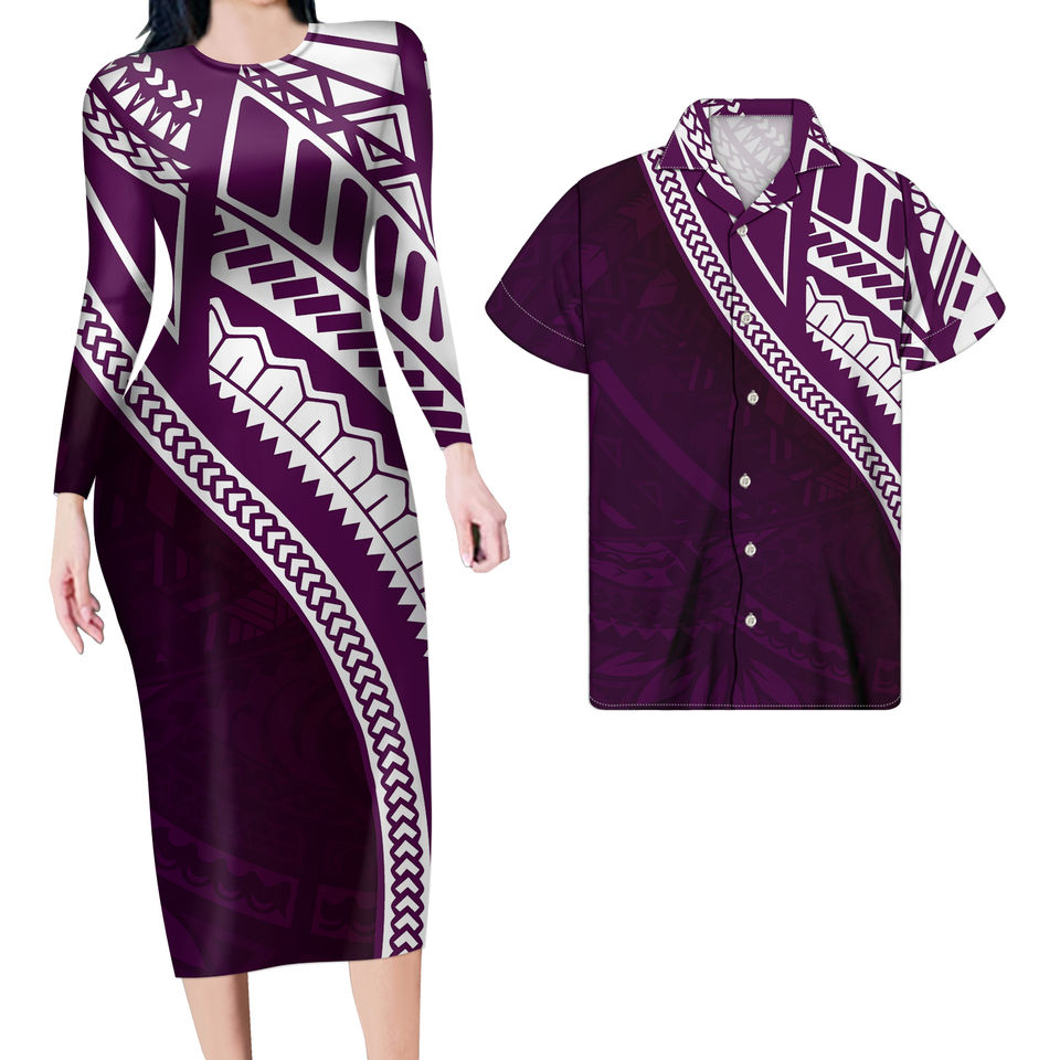 Purple Matching Outfit For Couples Hawaii Polynesian Tribal Bodycon Dress And Hawaii Shirt