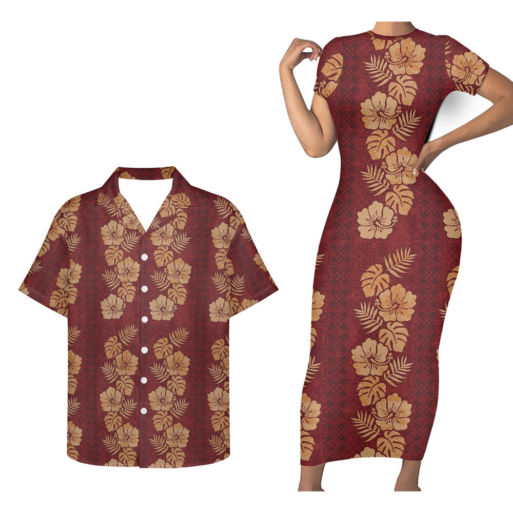 Hibiscus Matching Outfit For Couple PolynesianTight Short Sleeve Dress Men Short Sleeve Shirt Couple Set