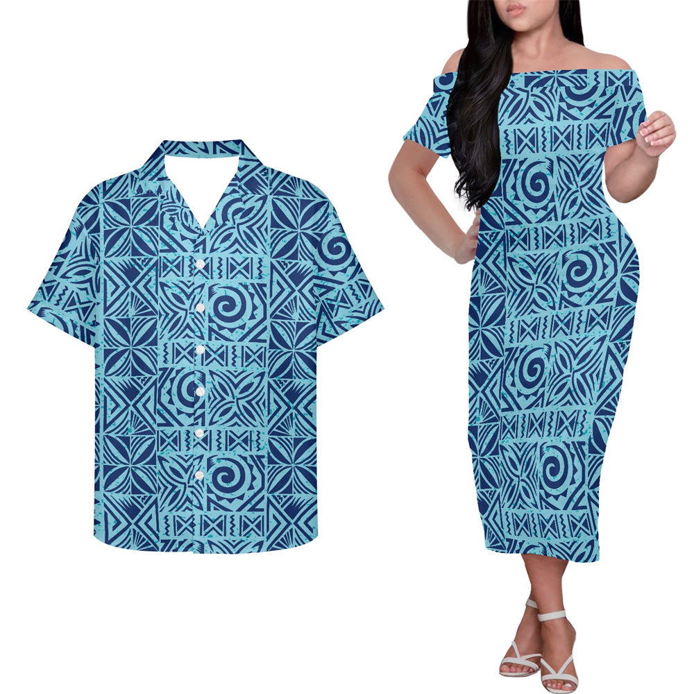 Polynesian Geometric Pattern Blue Couple Outfits Island Hung Short Sleeved Dress And Hawaiian Shirt Couple Set