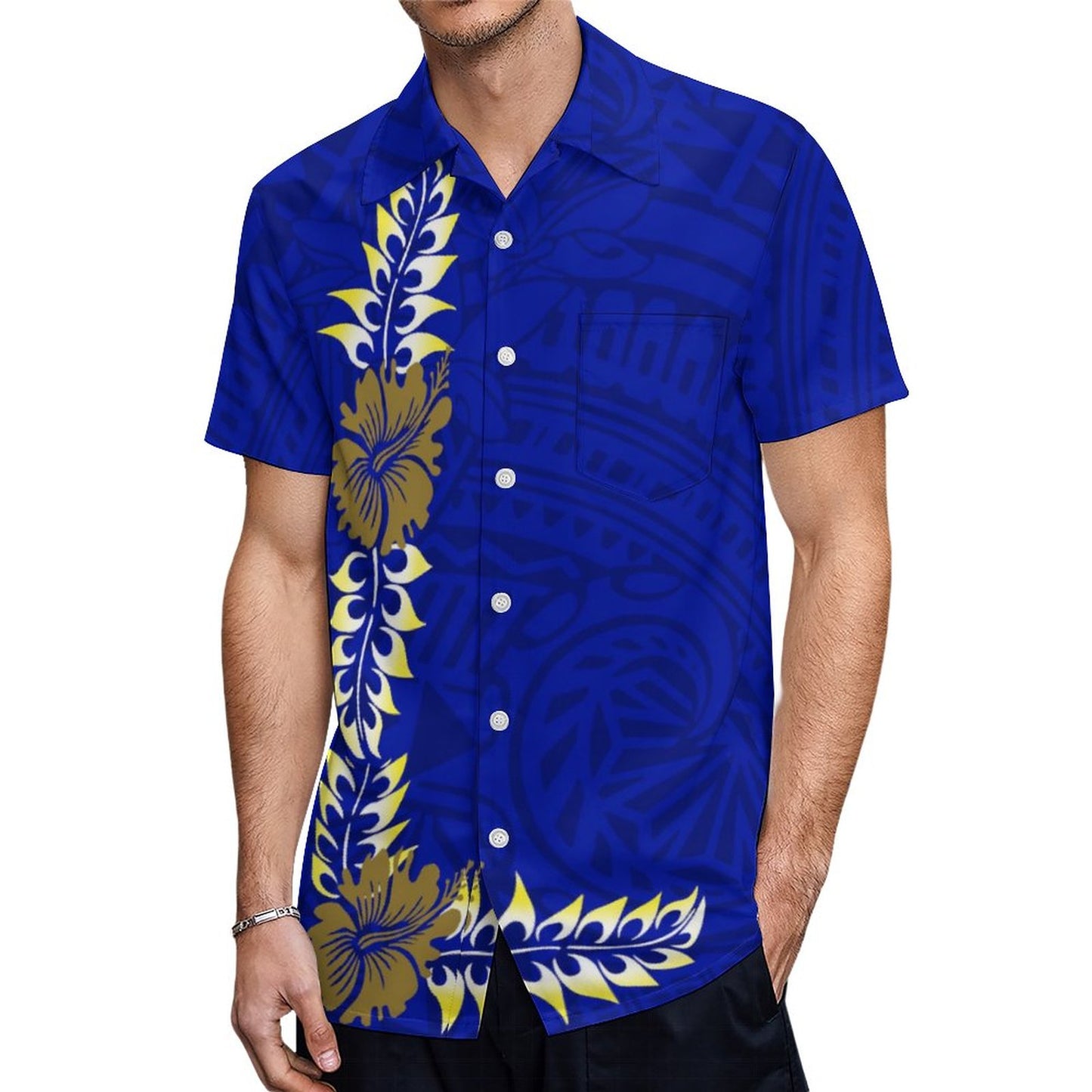 Samoa Polynesian Tribal Flowers Pattern Printed Hawaiian Shirt Summer Blue Short Sleeve Shirt For Him