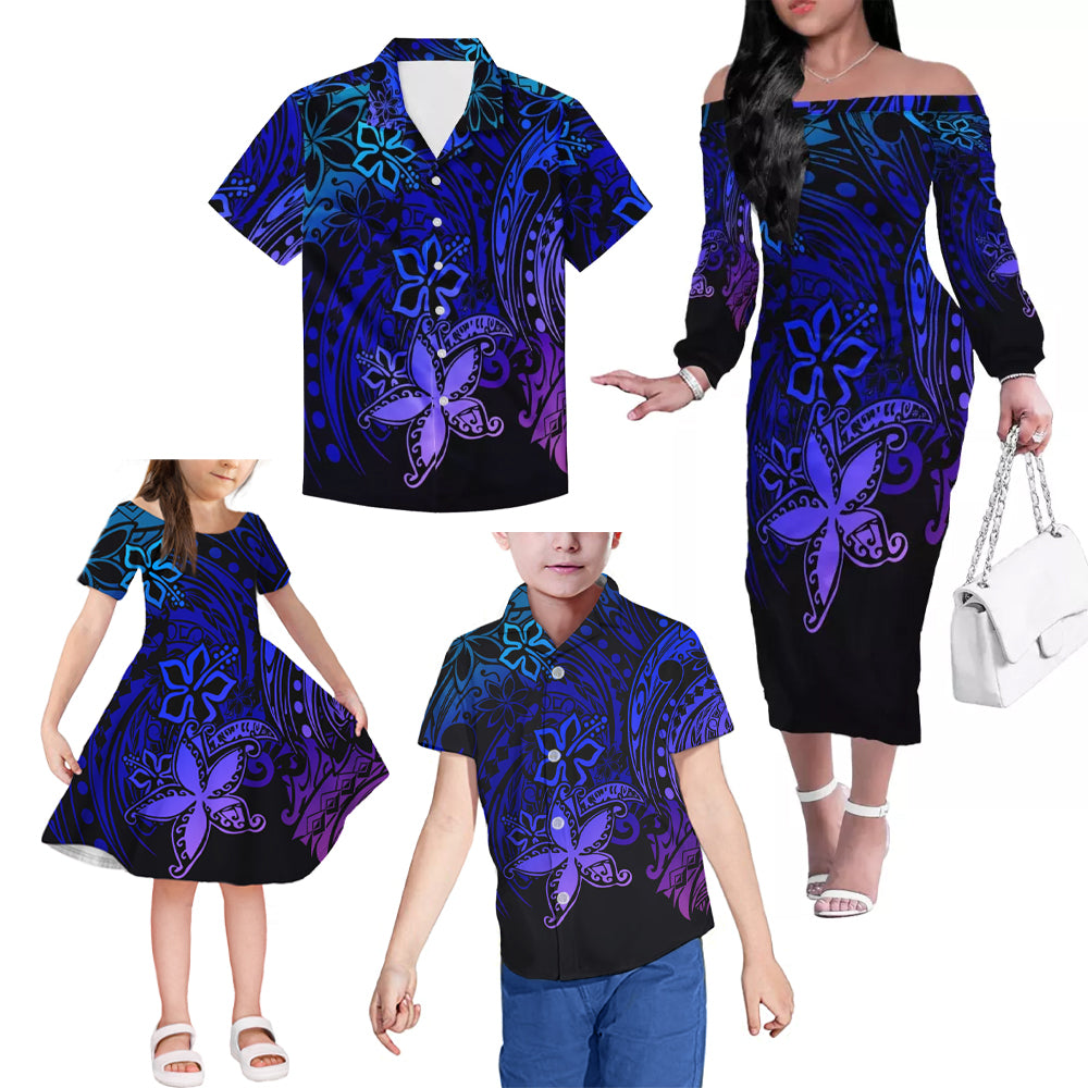 Purple Polynesian Tribal Flowers Pattern Matching Outfit For Family Island Dress Hawaiian Shirt For Her Him Family Members