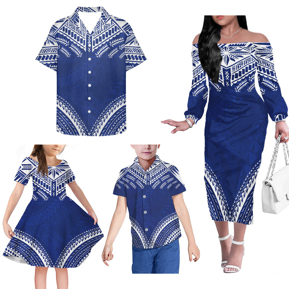 Polynesian Tribal Blue Matching Outfit For Family Island Dress Hawaiian Shirt For Her Him Family Members