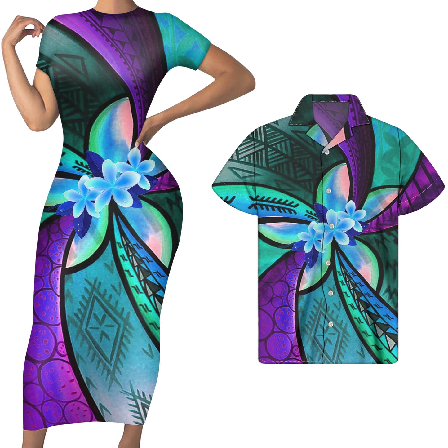 Colorful Polynesian Tribal Plumeria Flower Print Short Sleeve Bodycon Dress Women Match Men Shirts Custom Blue Couple Clothing Set