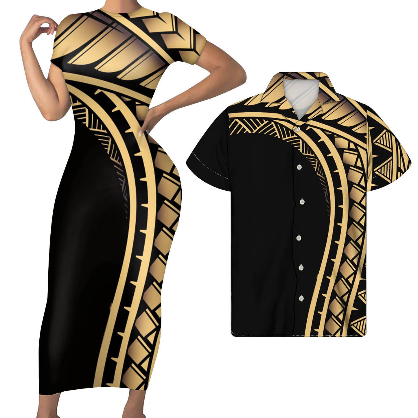 Polynesian Pattern Gold Outfit For Couples Tight Short Sleeve Dress Style Men Long Sleeve Shirt Couple Outfit