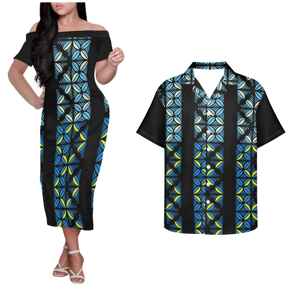 Polynesian Island Tribal Geometric Pattern Couple Outfits Tropical Stripe Style Hung Short Sleeved Dress And Hawaiian Shirt Couple Set