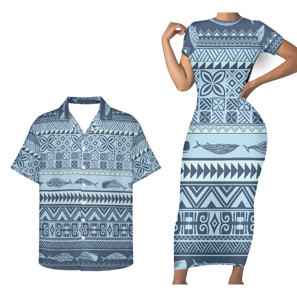Hawaii Matching Outfit For Couples Polynesian Tribal Blue Bodycon Dress And Hawaii Shirt
