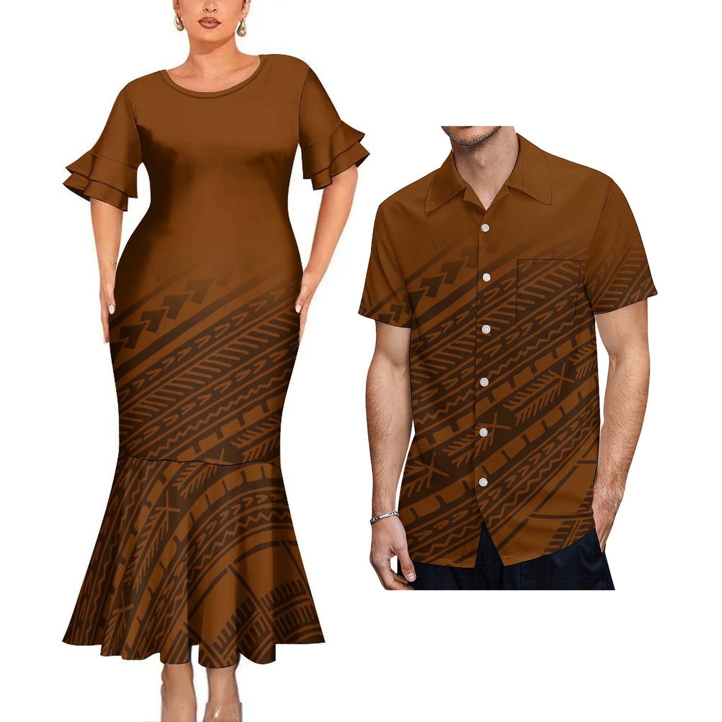 Brown Polynesian Tribal Mermaid Bodycon Dresses and Shirt Tropical Matching Outfit