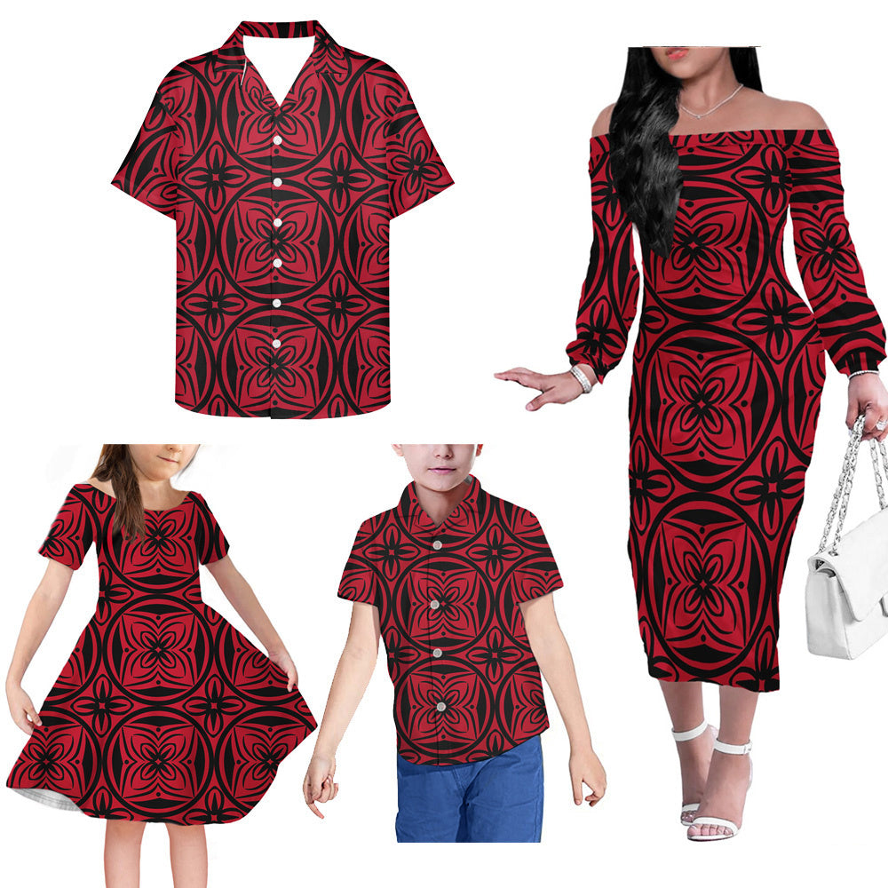 Red Geometric Polynesian Pattern Matching Outfit For Family Dress Hawaiian Shirt For Her Him