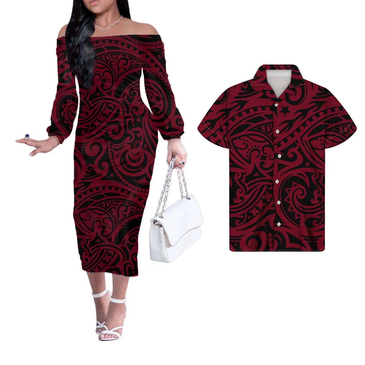 Red Polynesian Tribal Pattern Matching Outfit For Couples Men Shirts and Birthday Dress Off Shoulder Long Dresses for Women