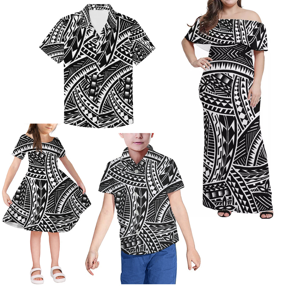 Polynesian Tribal Pattern Matching Family Outfits Combo Island Black Dress and Hawaiian Shirt For Family Members