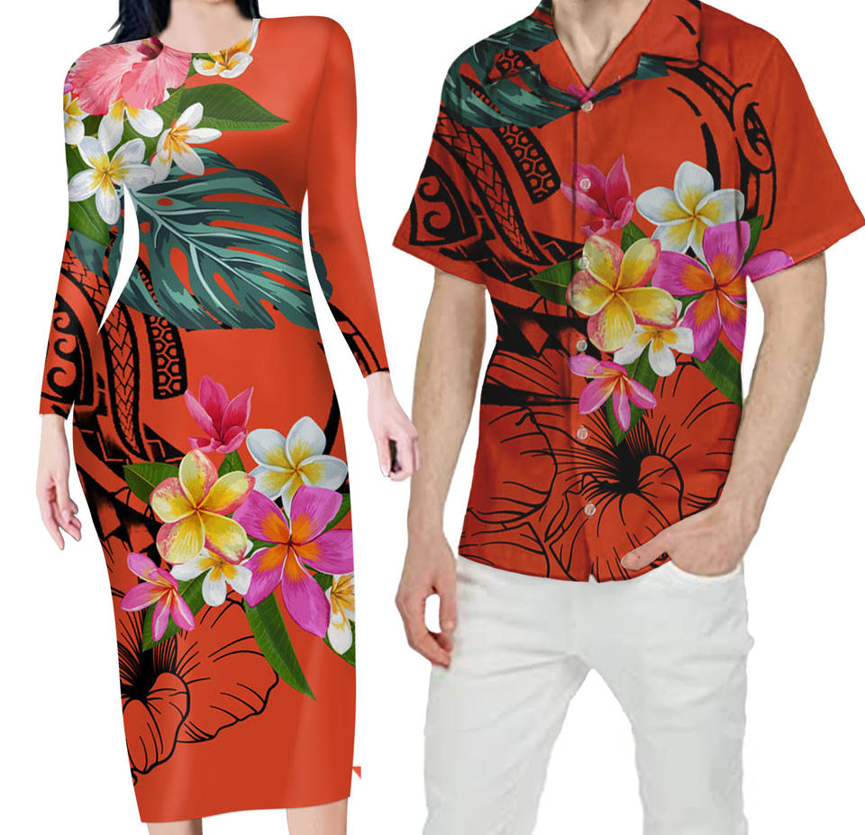 Matching Outfit For Couples Hawaii Tropical Flowers Polynesian Tribal Orange Wave Bodycon Dress And Hawaii Shirt