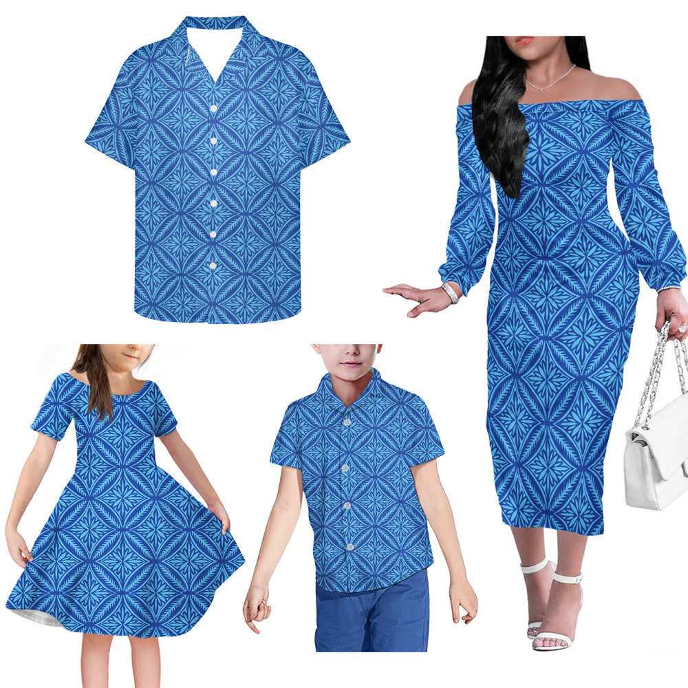 Blue Geometric Polynesian Pattern Matching Outfit For Family Dress Hawaiian Shirt For Her Him