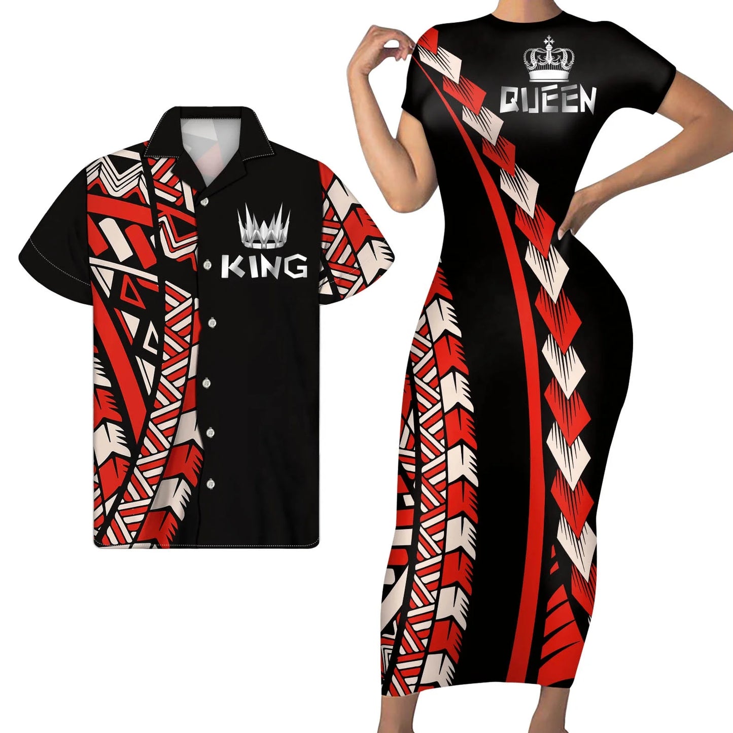 Polynesian Pattern Red Matching Outfit For Couples Tight Short Sleeve Dress Style Men Long Sleeve Shirt