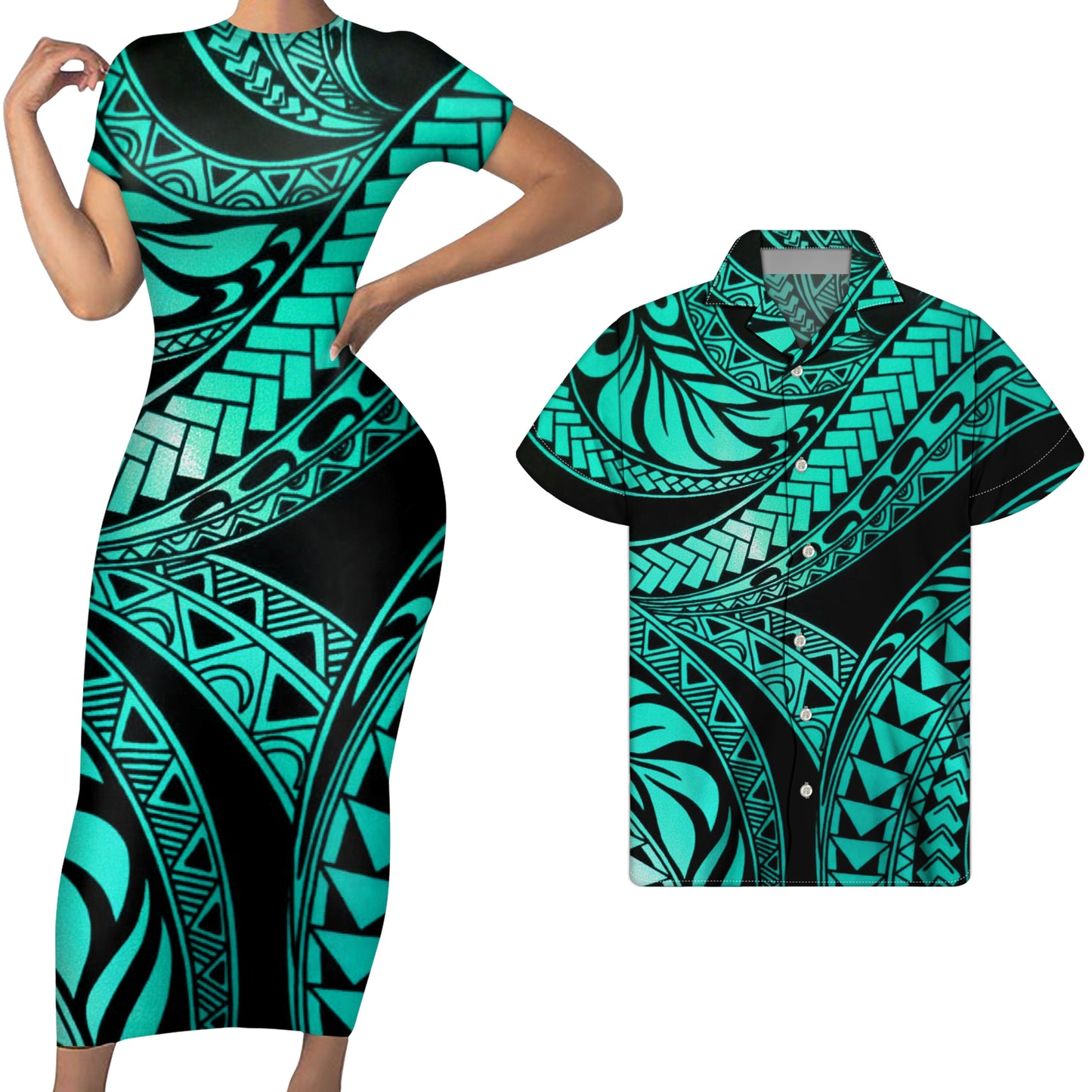 Polynesian Tribal Island Pattern Short Sleeve Bodycon Dress And Men Shirt