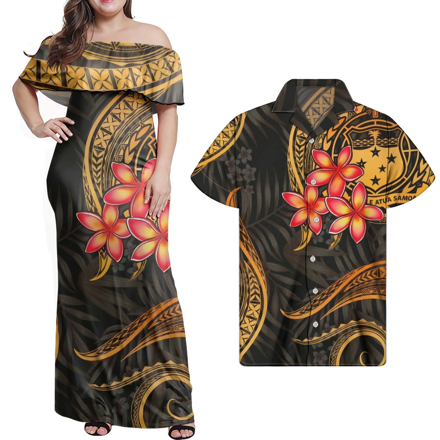 Polynesian Orange Plumeria Flowers Pattern Combo Dress and Hawaiian Shirt Matching Couples Outfit For Him Her
