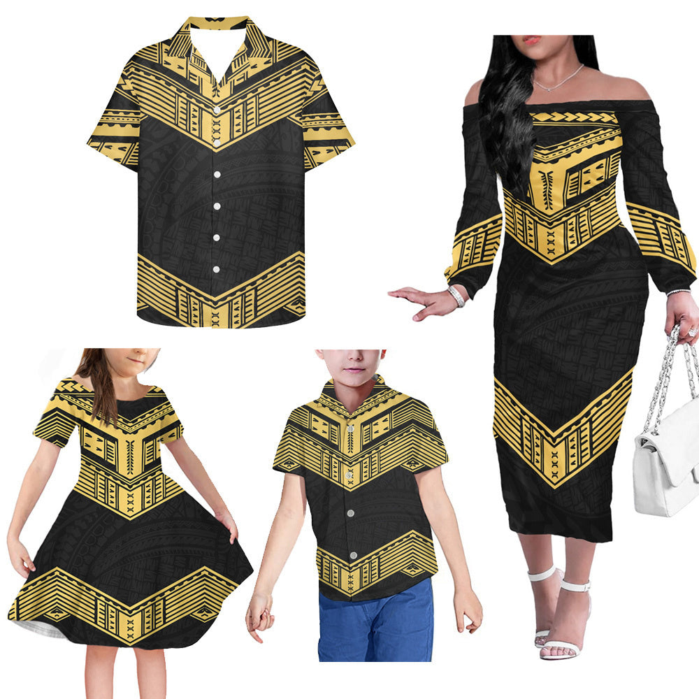 Polynesian Tribal Pattern Yellow Matching Outfit For Family Island Dress Hawaiian Shirt For Her Him