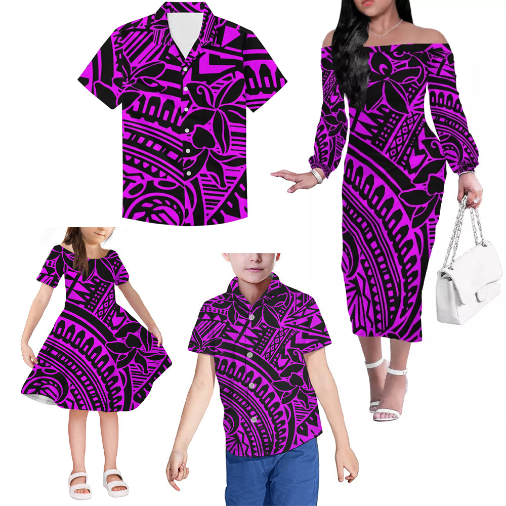 Polynesian Tribal Pink Flowers Pattern Matching Outfit For Family Island Dress Hawaiian Shirt For Her Him Family Members